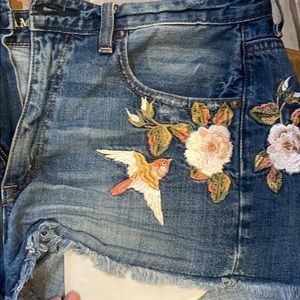 American Eagle Outfitters Blue Denim Shorts with Floral & Bird Embroidery